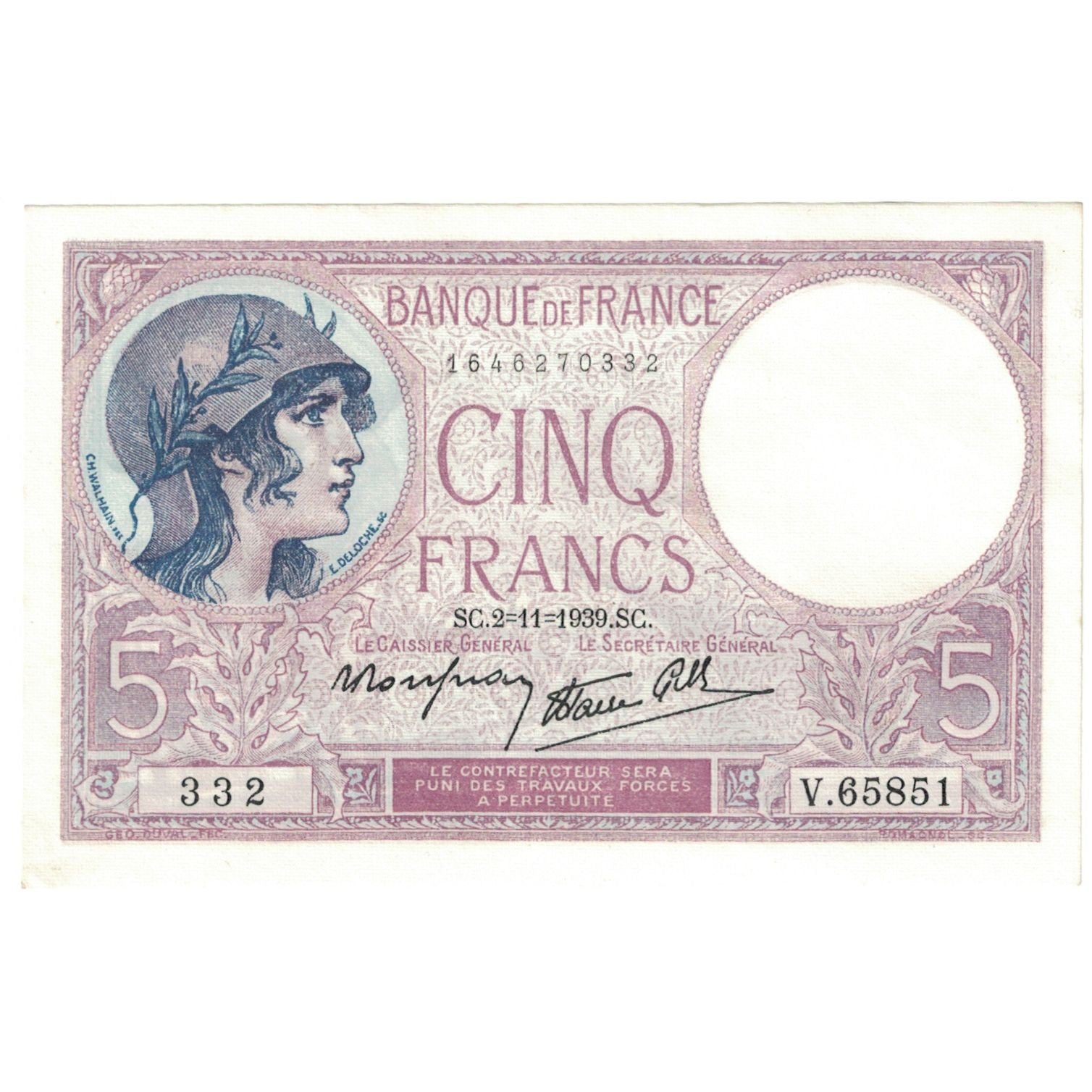 Francia, 5 Francs, 1939, 1939-11-02, FDS, Fayette:4.14, KM:83