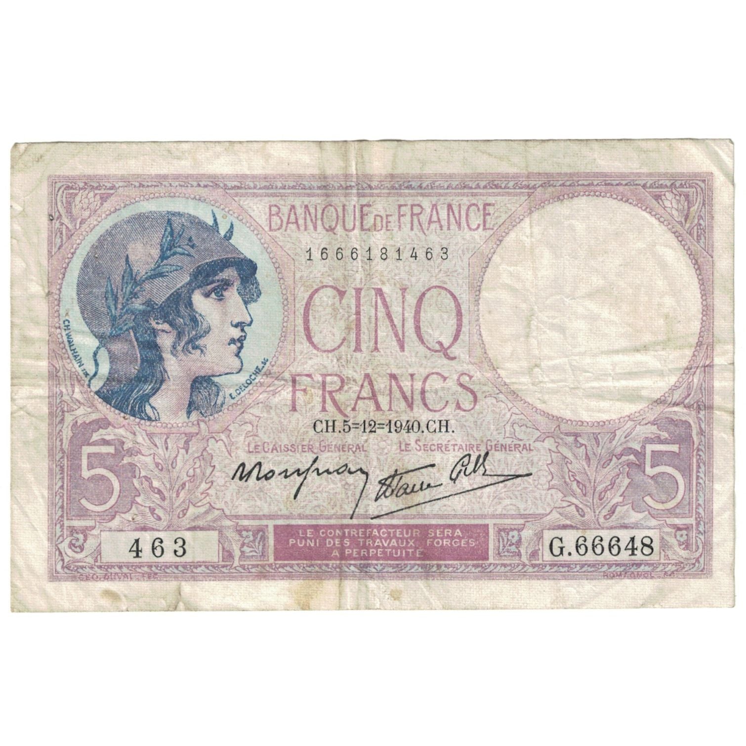 Francia, 5 Francs, 1940, 1940-12-05, MB, Fayette:4.16, KM:83