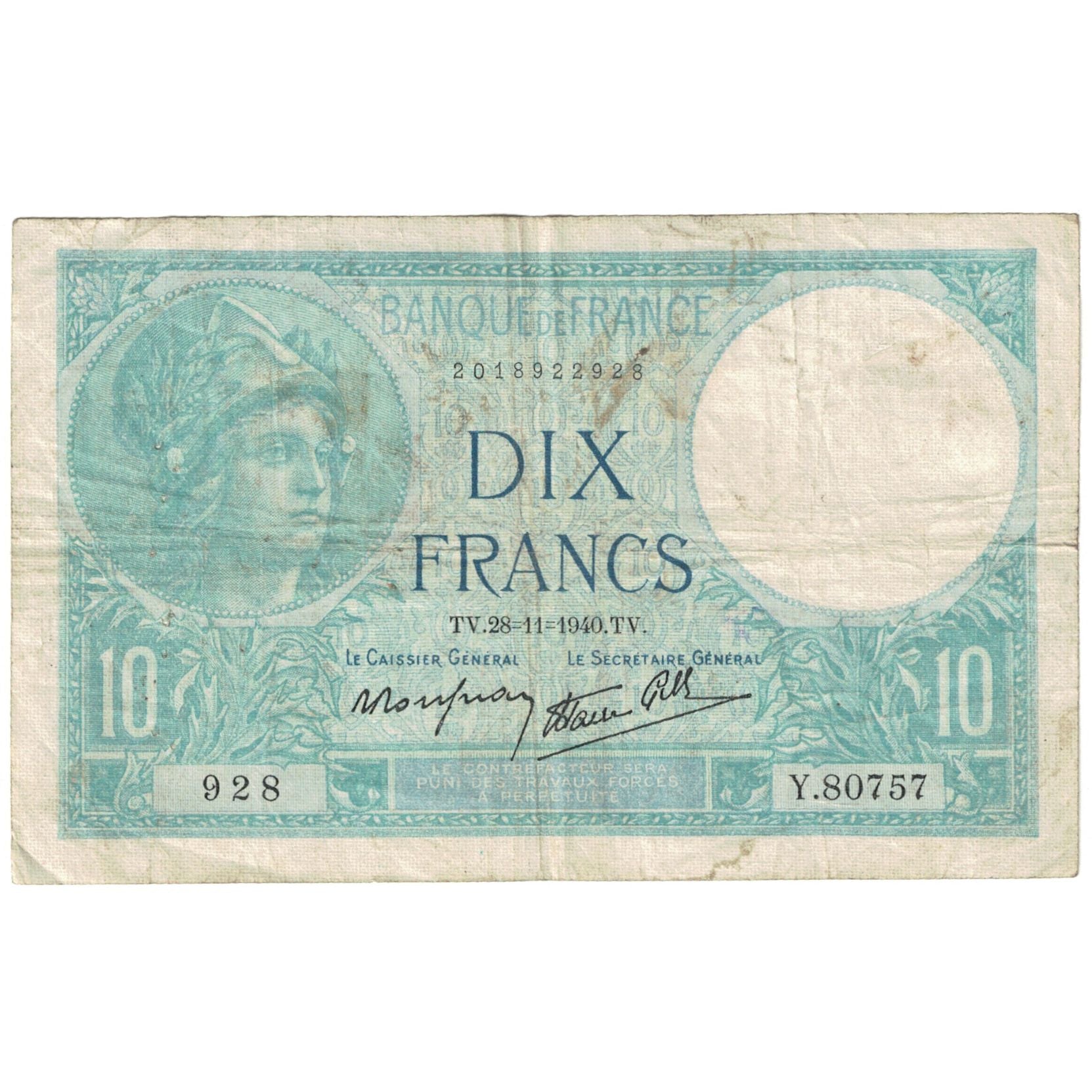 Frankreich, 10 Francs, Minerve, 1940, 1940-11-28, SS, Fayette:7.22, KM:84