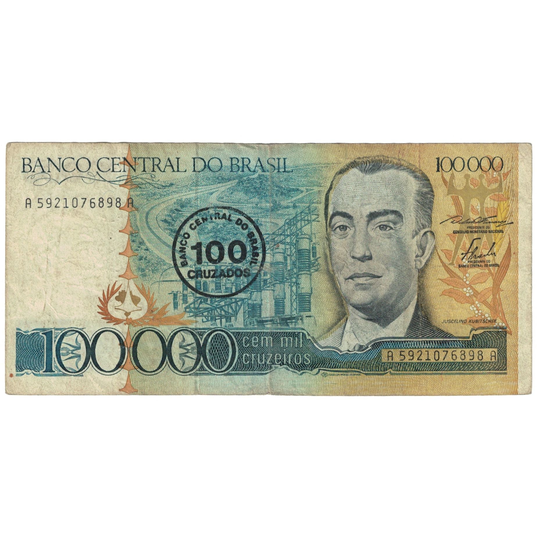 Banknote, Brazil, 100,000 Cruzeiros, KM:205a, VG(8-10)