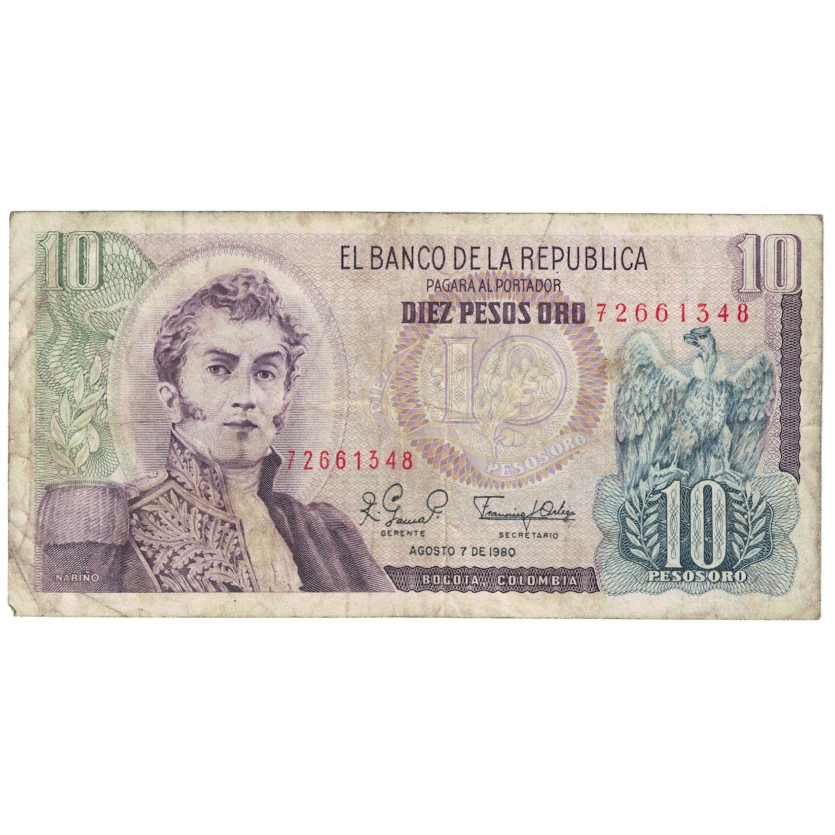 Geldschein, Kolumbien, 10 Pesos Oro, 1980, 1980-08-07, KM:407g, SGE