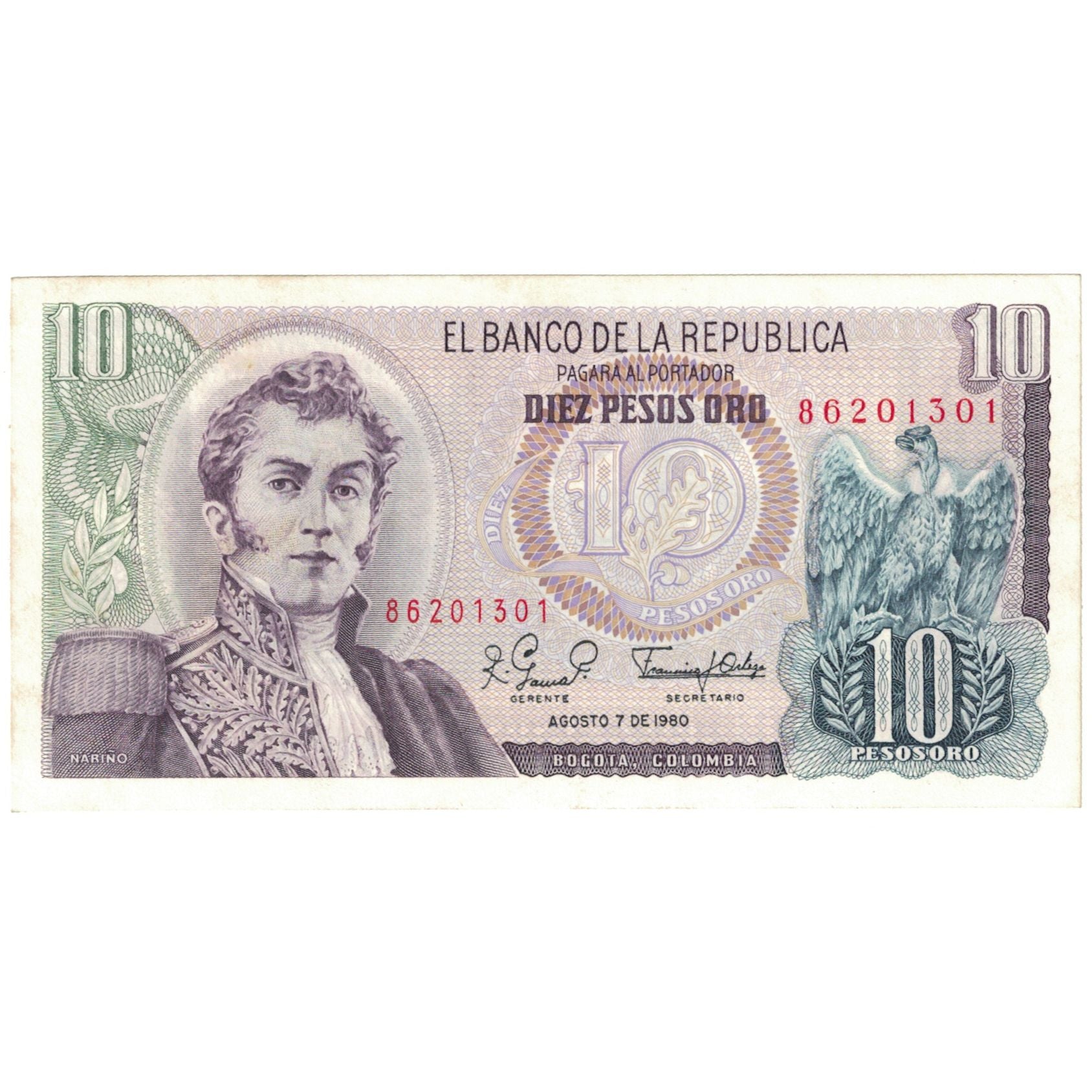 Banknote, Colombia, 10 Pesos Oro, 1980, 1980-08-07, KM:407g, AU(55-58)