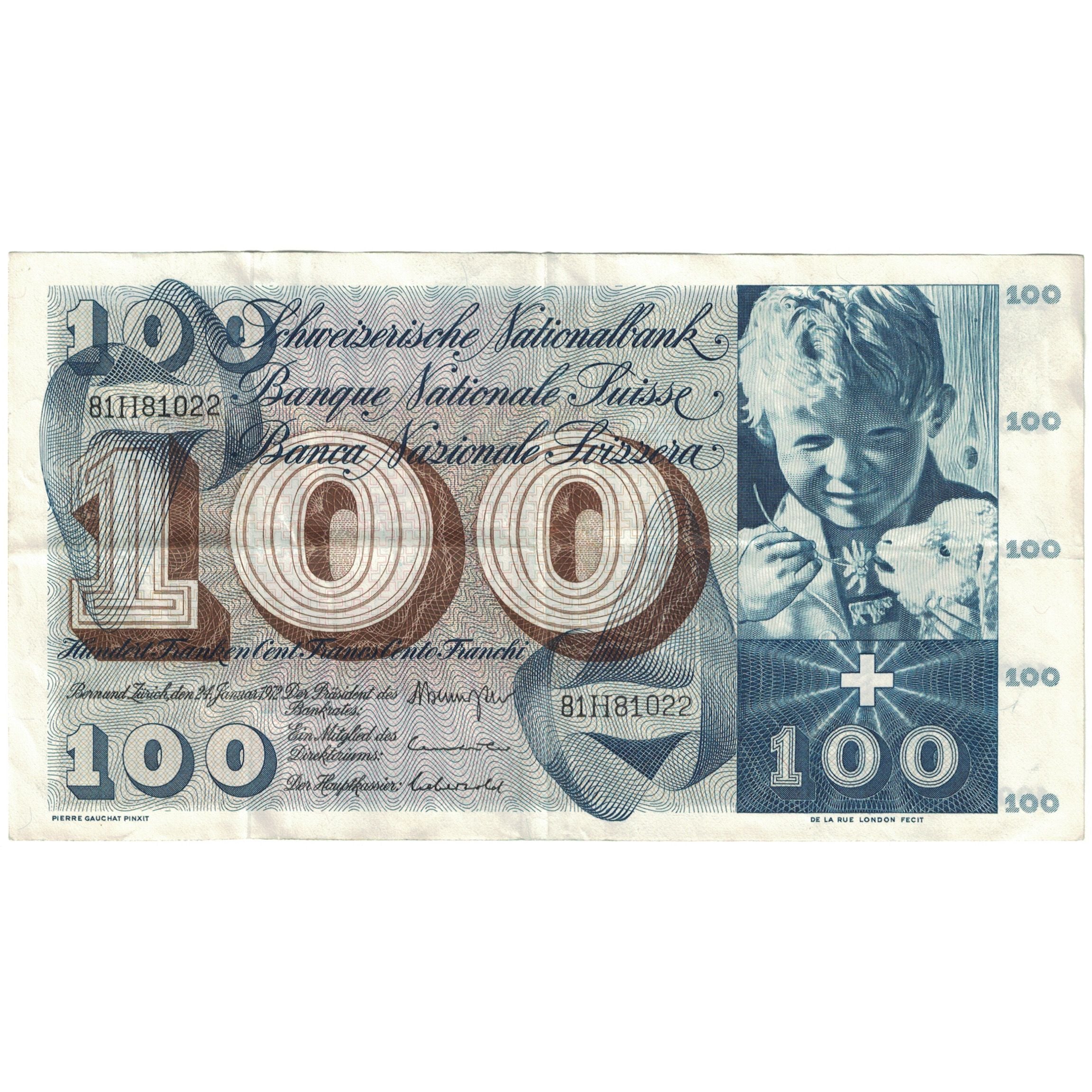 Banknote, Switzerland, 100 Franken, 1972, 1972-01-24, KM:49n, EF(40-45)