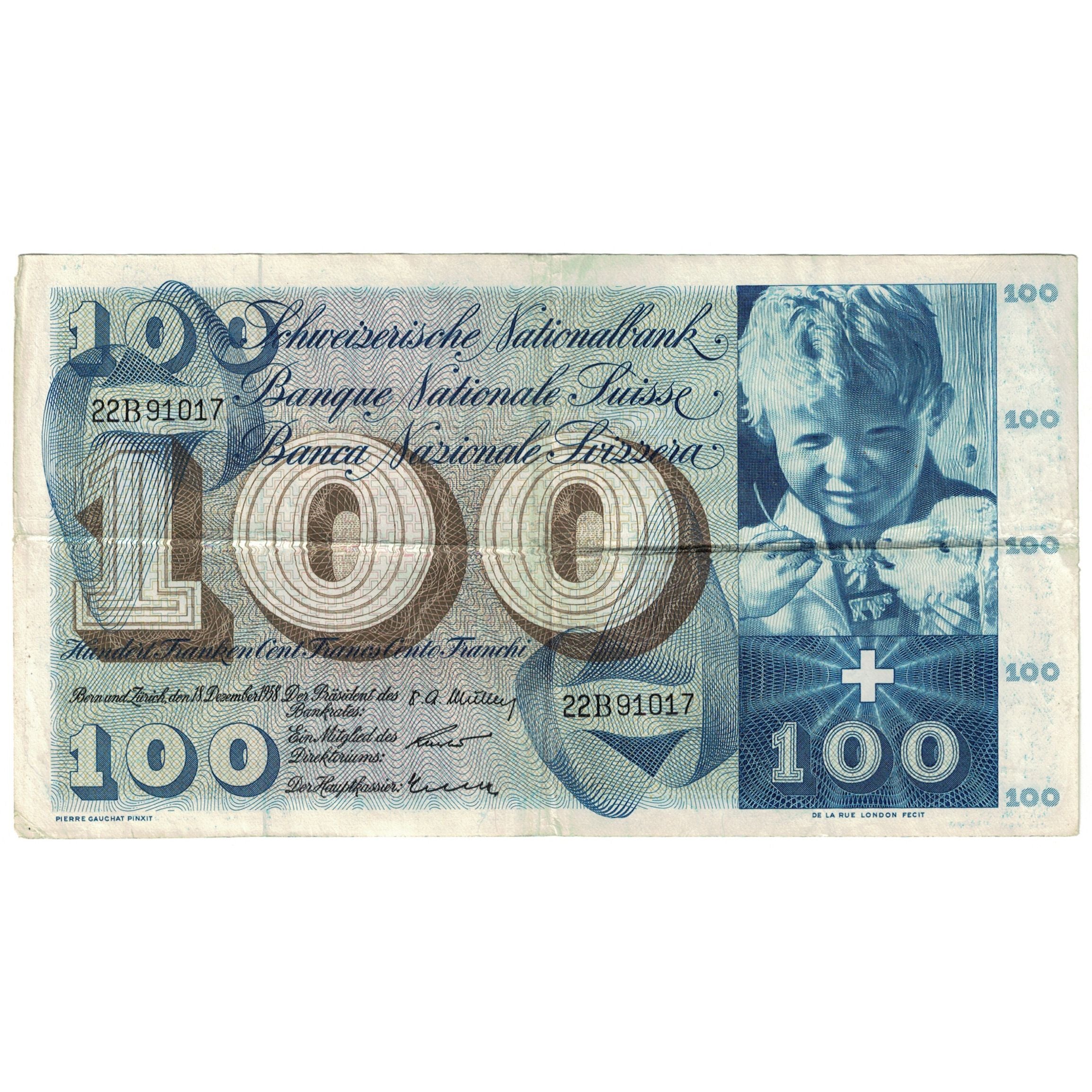Banknote, Switzerland, 100 Franken, 1958, 1958-12-18, KM:49c, VF(20-25)
