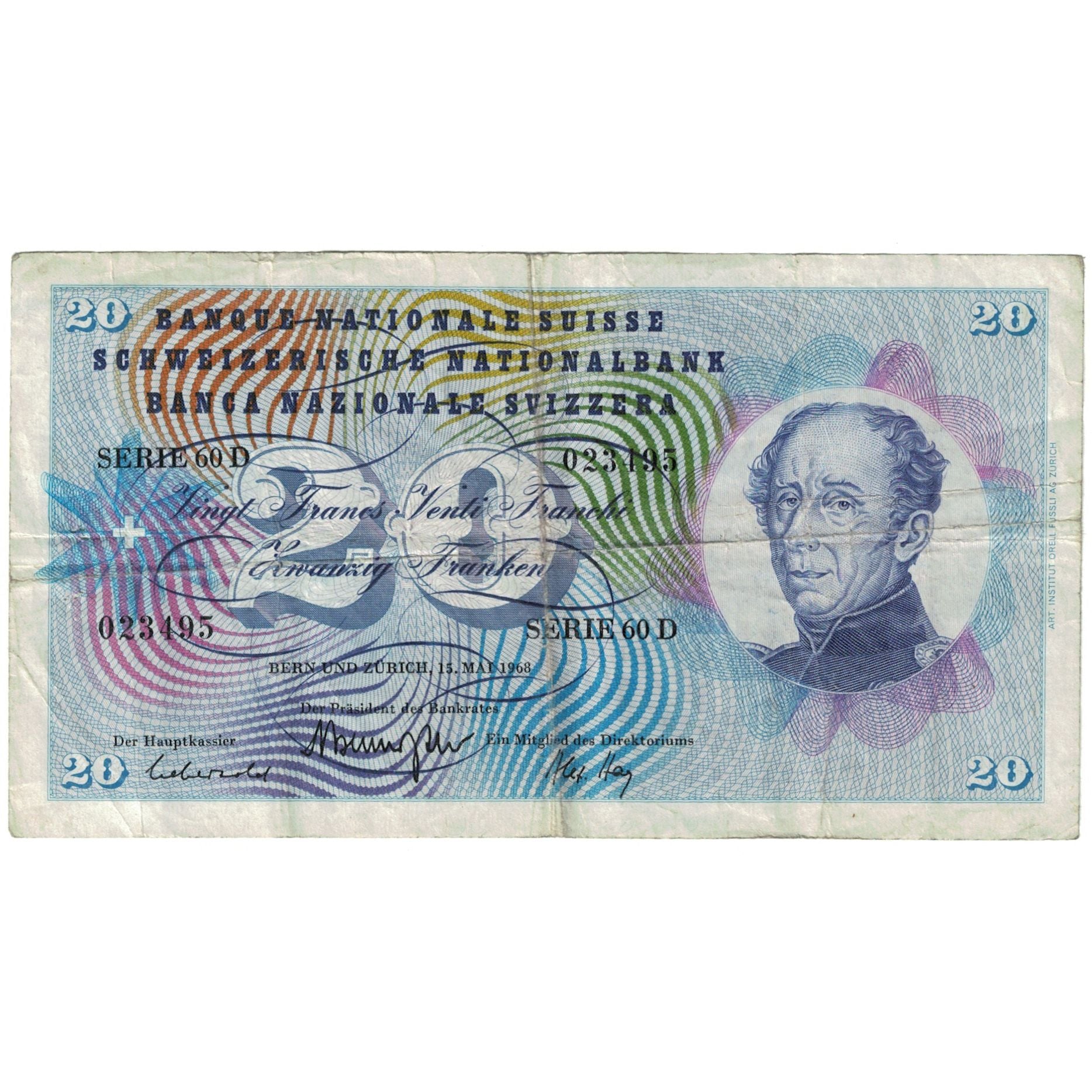 Nota, Suíça, 20 Franken, 1968, 1968-05-15, KM:46p, VG(8-10)