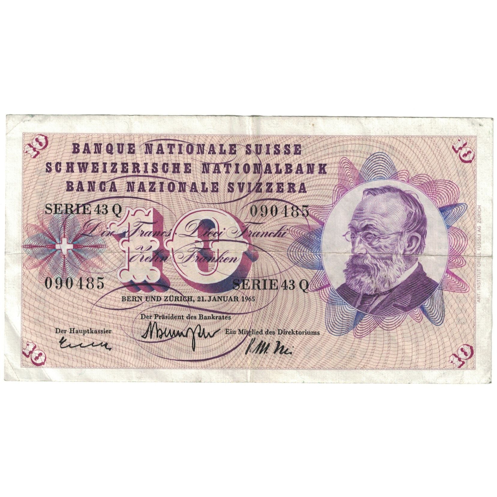 Banknote, Switzerland, 10 Franken, 1965, 1965-01-21, KM:45k, VG(8-10)