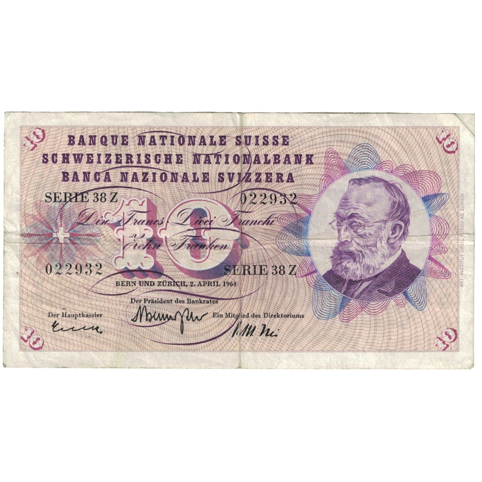 Billet, Suisse, 10 Franken, 1964, 1964-04-02, KM:45i, B