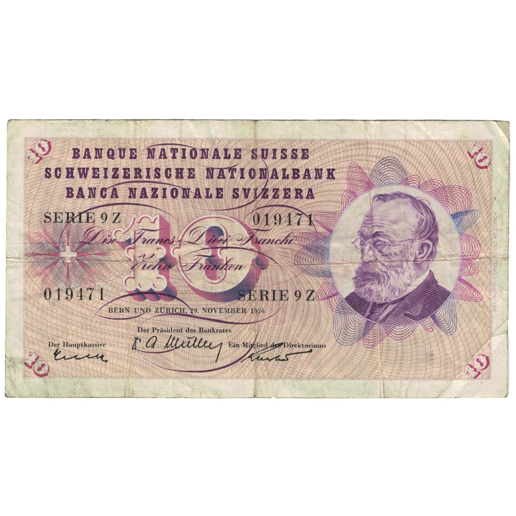 Banknote, Switzerland, 10 Franken, 1956, 1956-11-29, KM:45c, VG(8-10)
