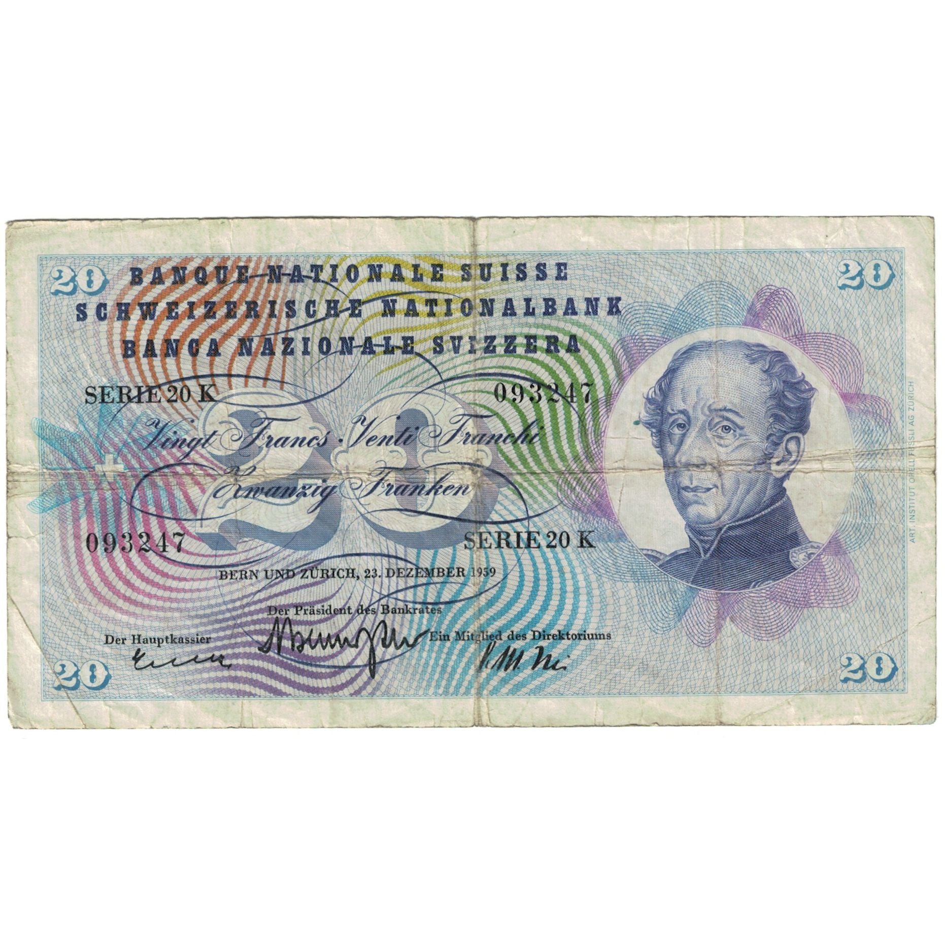 Banknote, Switzerland, 20 Franken, 1959, 1959-01-01, KM:46g, VG(8-10)