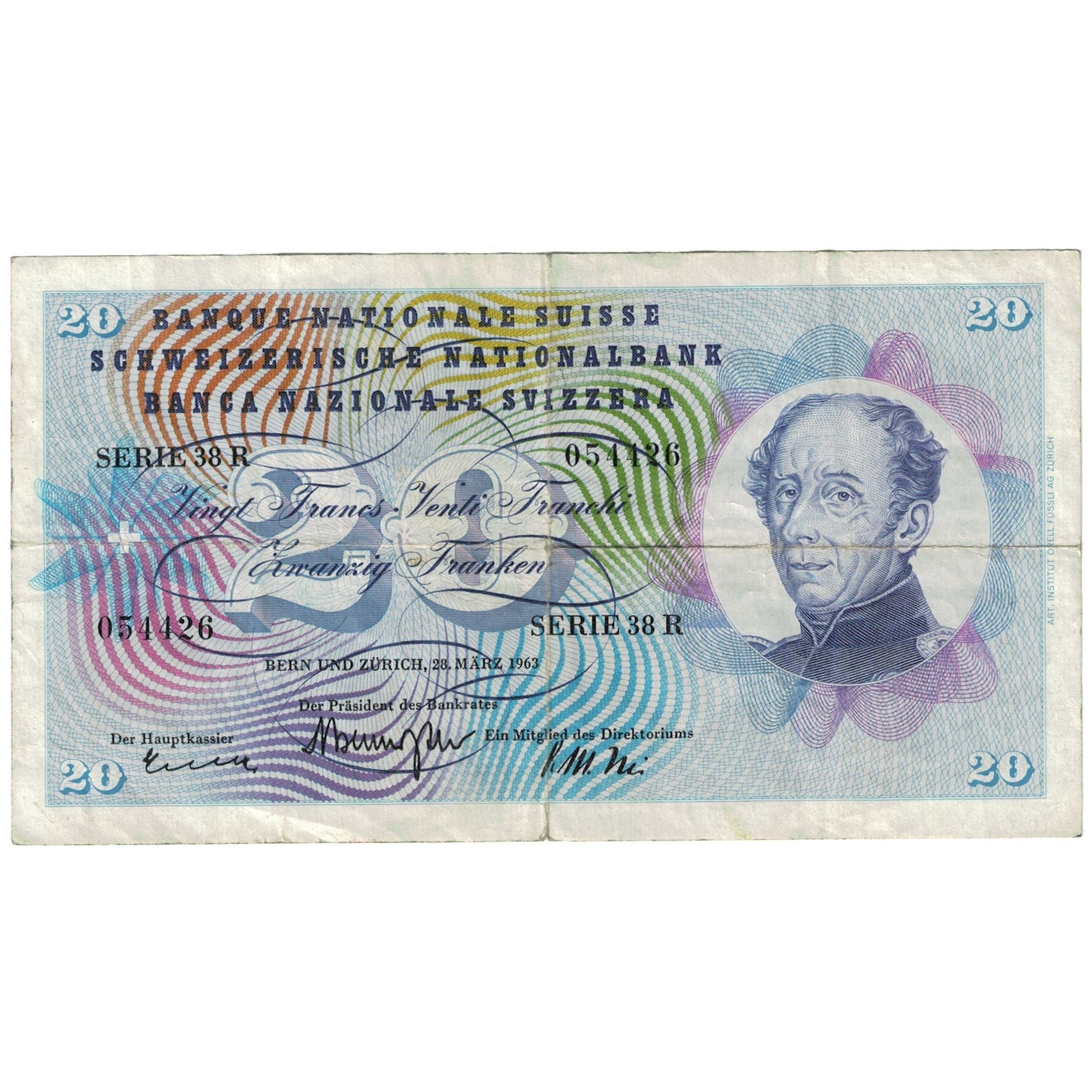 Banknote, Switzerland, 20 Franken, 1963, 1963-03-28, KM:46k, VG(8-10)