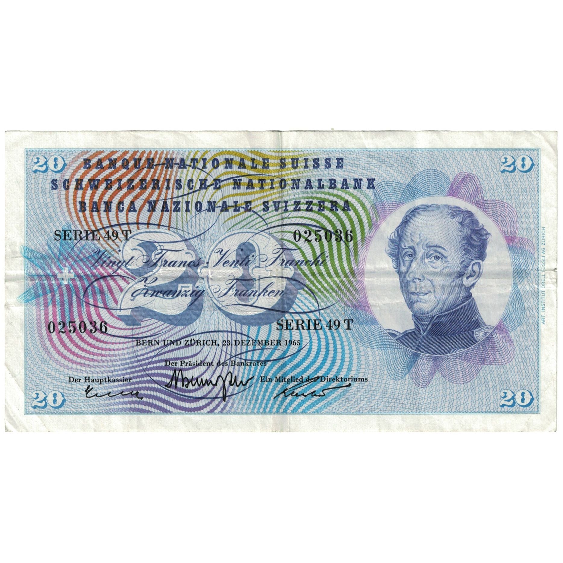 Banknote, Switzerland, 20 Franken, 1965, 1965-12-23, KM:46m, VF(20-25)