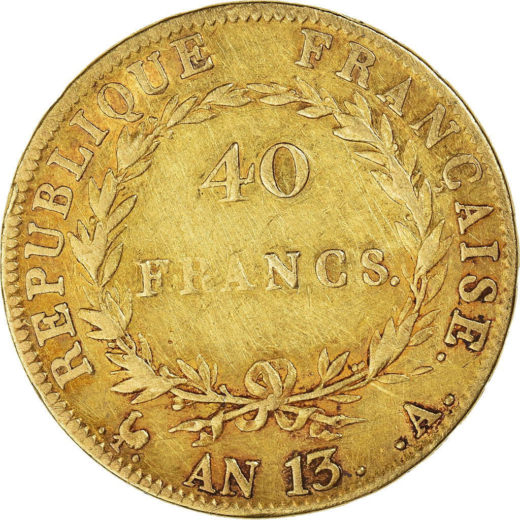 Moneta, Francia, Napoleon I, 40 Francs, AN 13, Paris, MB+, Oro, KM:664.1, Le