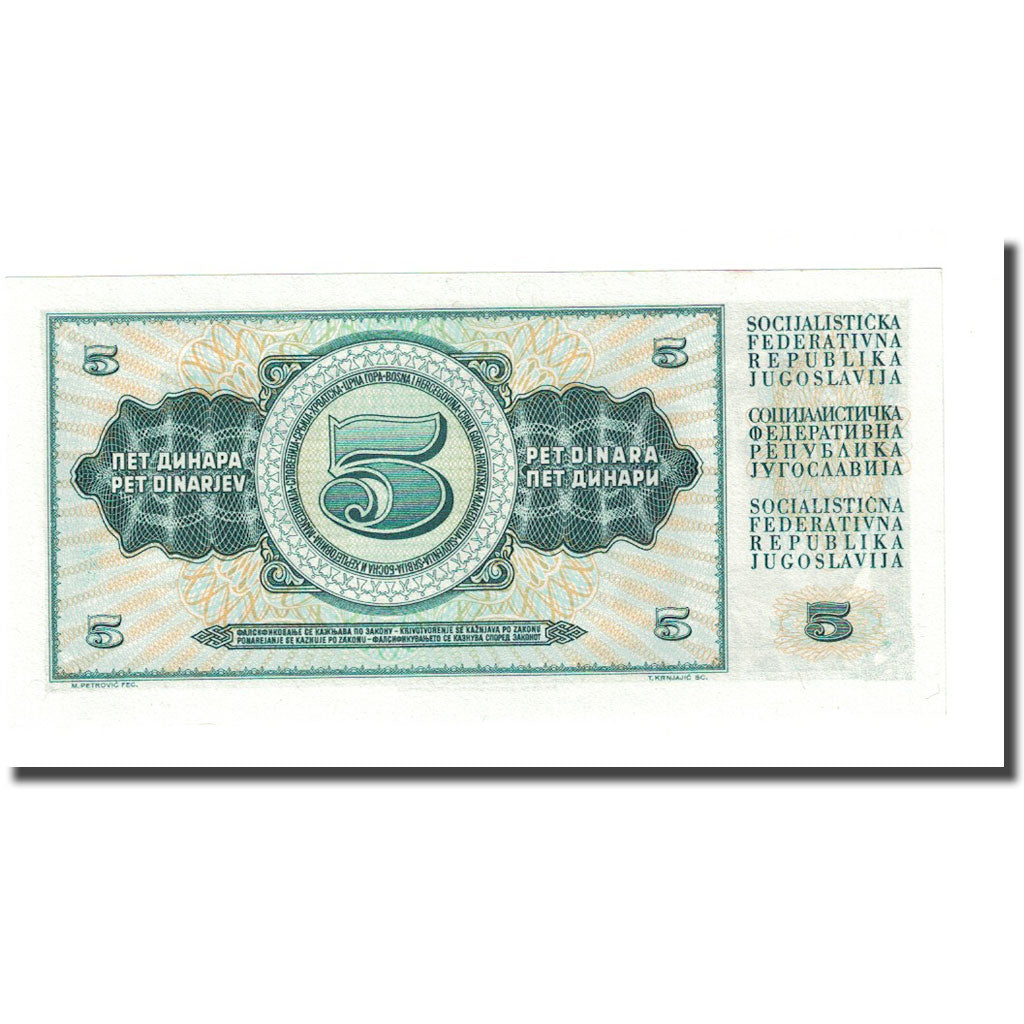 Banknote, Yugoslavia, 5 Dinara, 1968, KM:77b, UNC(65-70)