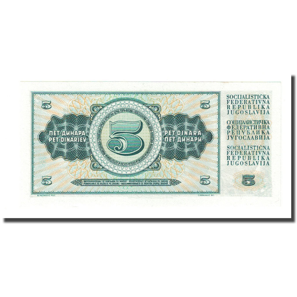 Banknote, Yugoslavia, 5 Dinara, 1968, KM:77b, UNC(65-70)