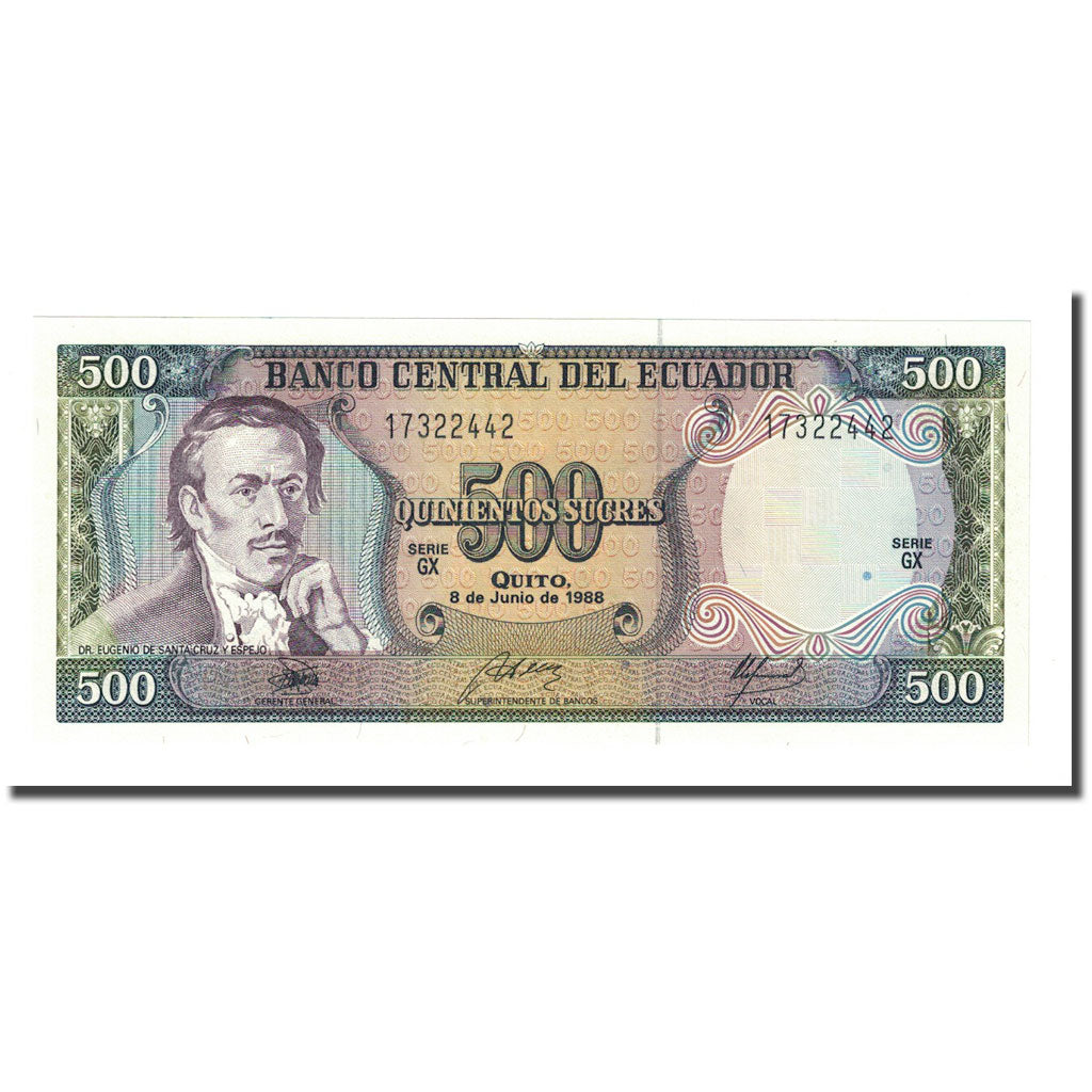 Banknot, Ekwador, 500 Sucres, 1988, 1988-06-08, KM:124a, UNC(65-70)