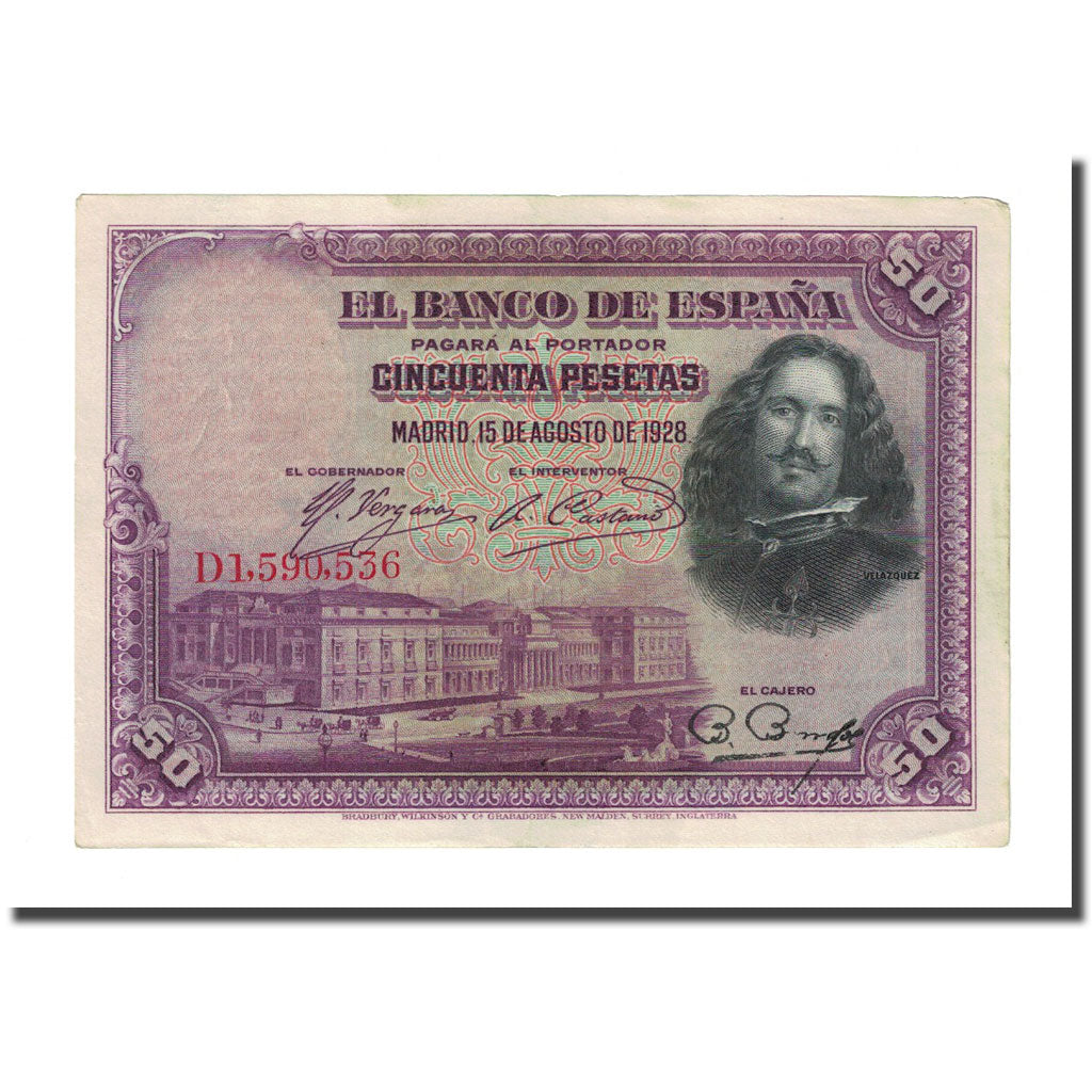Nota, Espanha, 50 Pesetas, 1928, 1928-08-15, KM:75a, AU(55-58)