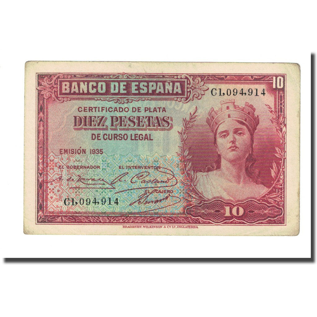 Banknote, Spain, 10 Pesetas, 1935, 1935, KM:86a, AU(55-58)