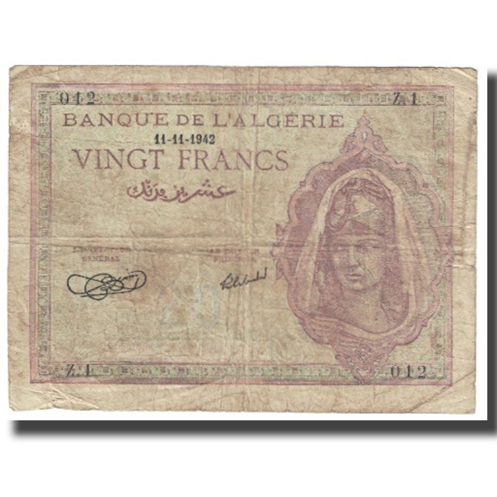 Banknote, Algeria, 20 Francs, 1942, 11-11-1942, KM:92a, VG(8-10)