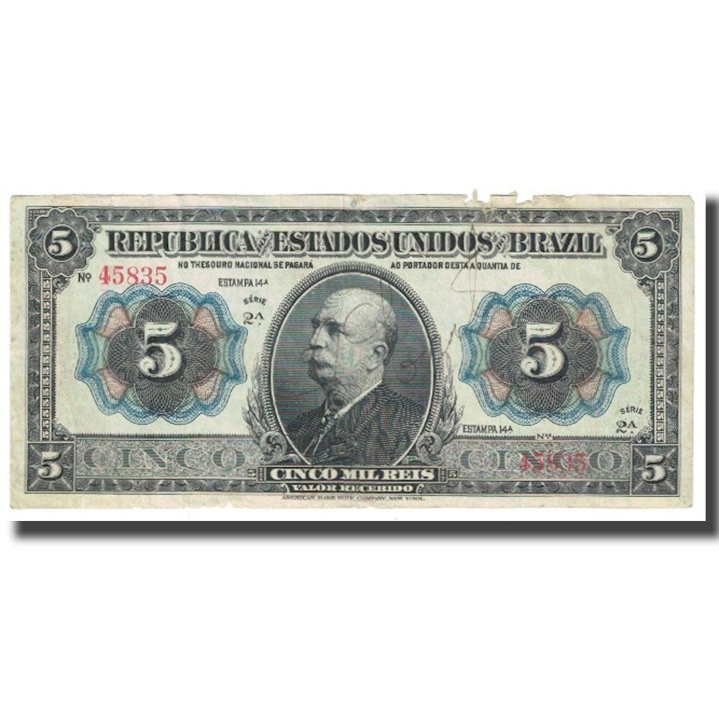 Banknote, Brazil, 5 Mil Reis, KM:24a, VF(20-25)