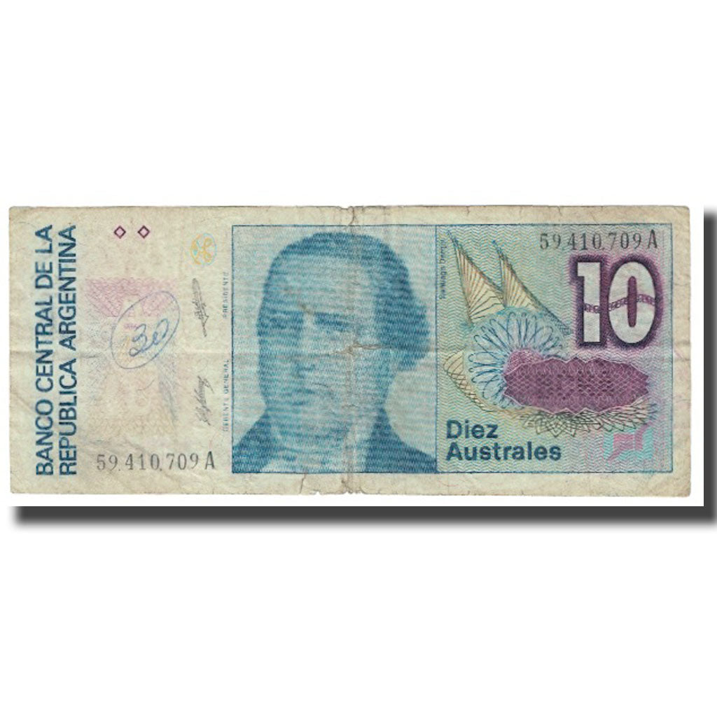 Biljet, Argentinië, 10 Australes, KM:325a, B+