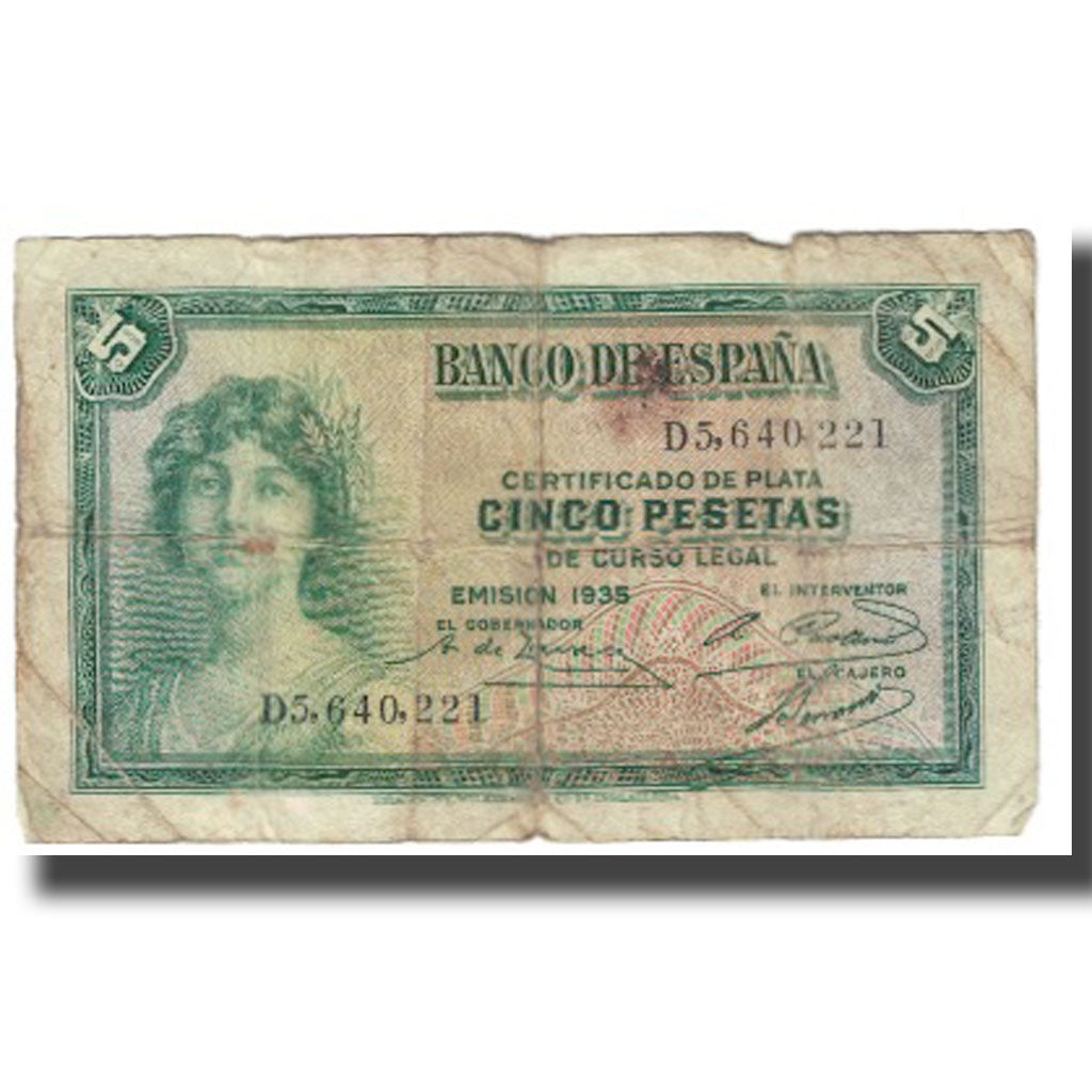 Nota, Espanha, 5 Pesetas, 1935, KM:85a, G(4-6)