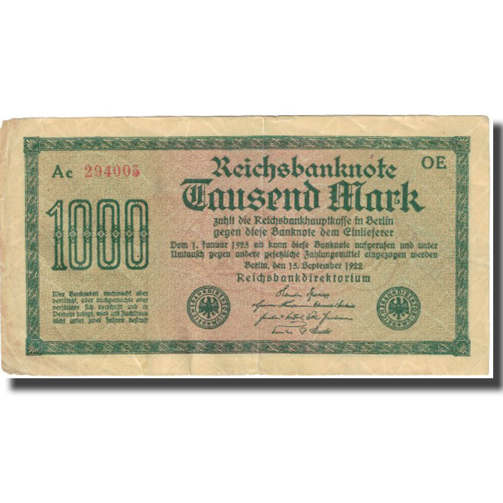 Banknot, Niemcy, 1000 Mark, 1922, 1922-09-15, KM:76a, EF(40-45)