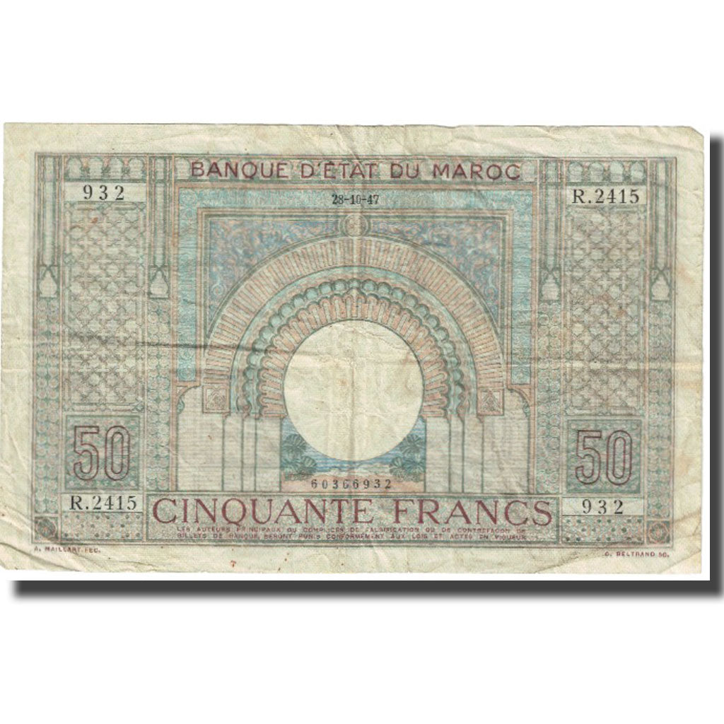 Banknote, Morocco, 50 Francs, 1947, 1947-10-28, KM:44, VF(20-25)