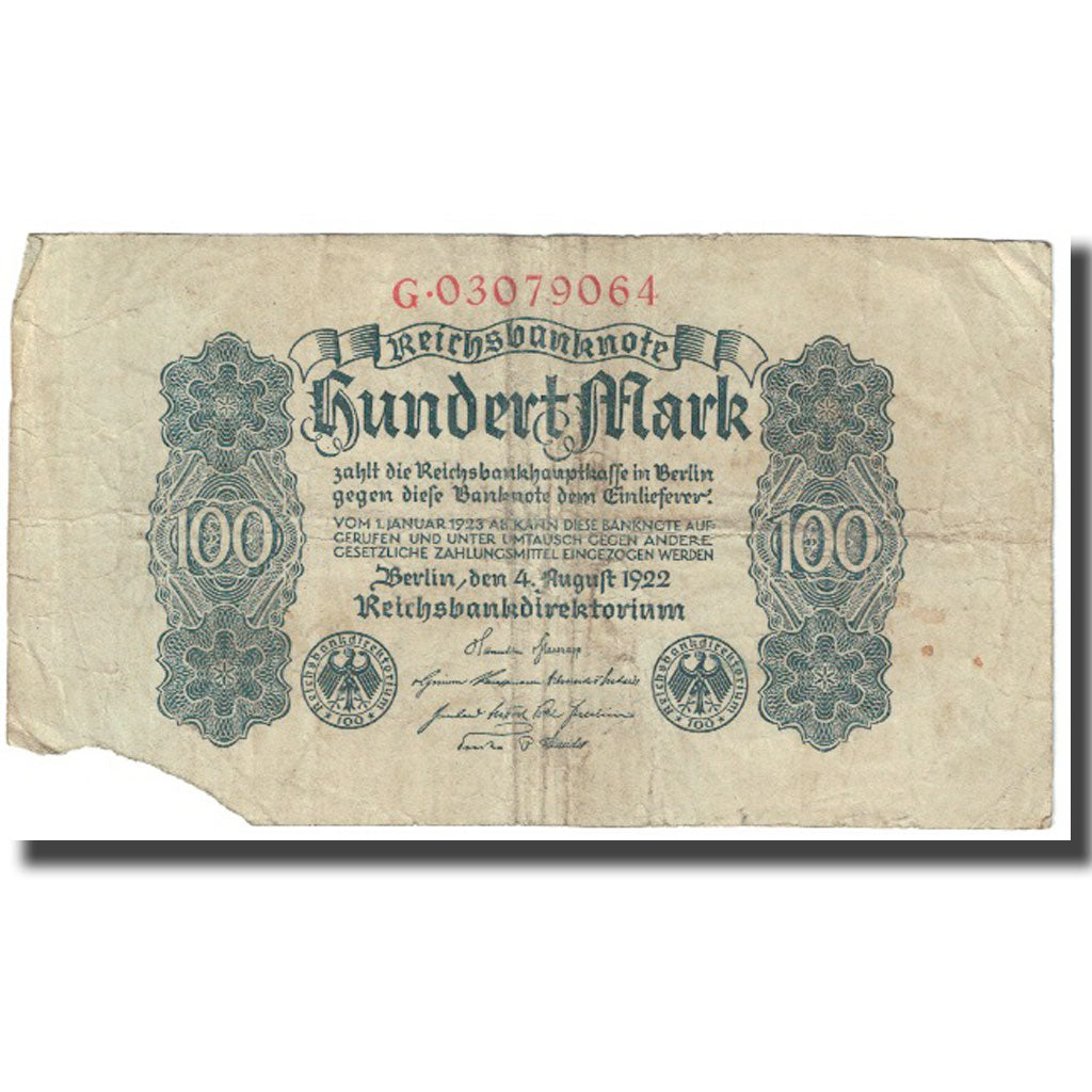 Banknote, Germany, 100 Mark, 1922, 1922-08-04, KM:75, VG(8-10)