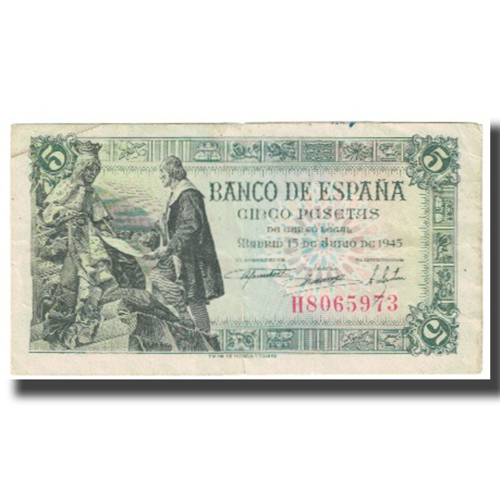 Banknote, Spain, 5 Pesetas, 1945, 1945-06-15, KM:129a, VF(20-25)