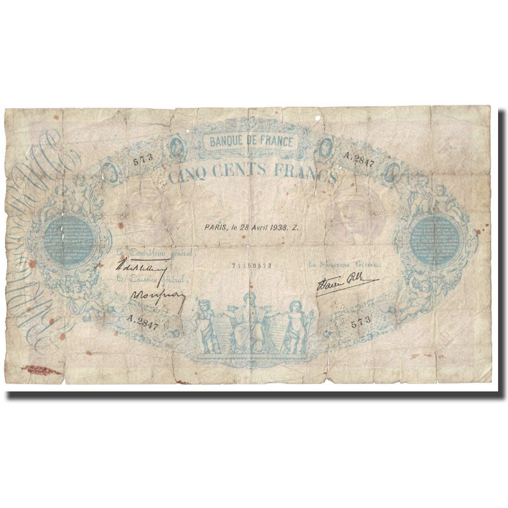 Francia, 500 Francs, Bleu et Rose, 1938, P. Rousseau and R. Favre-Gilly