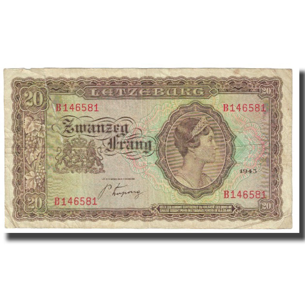 Banknote, Luxembourg, 20 Frang, 1943, KM:42a, VF(20-25)