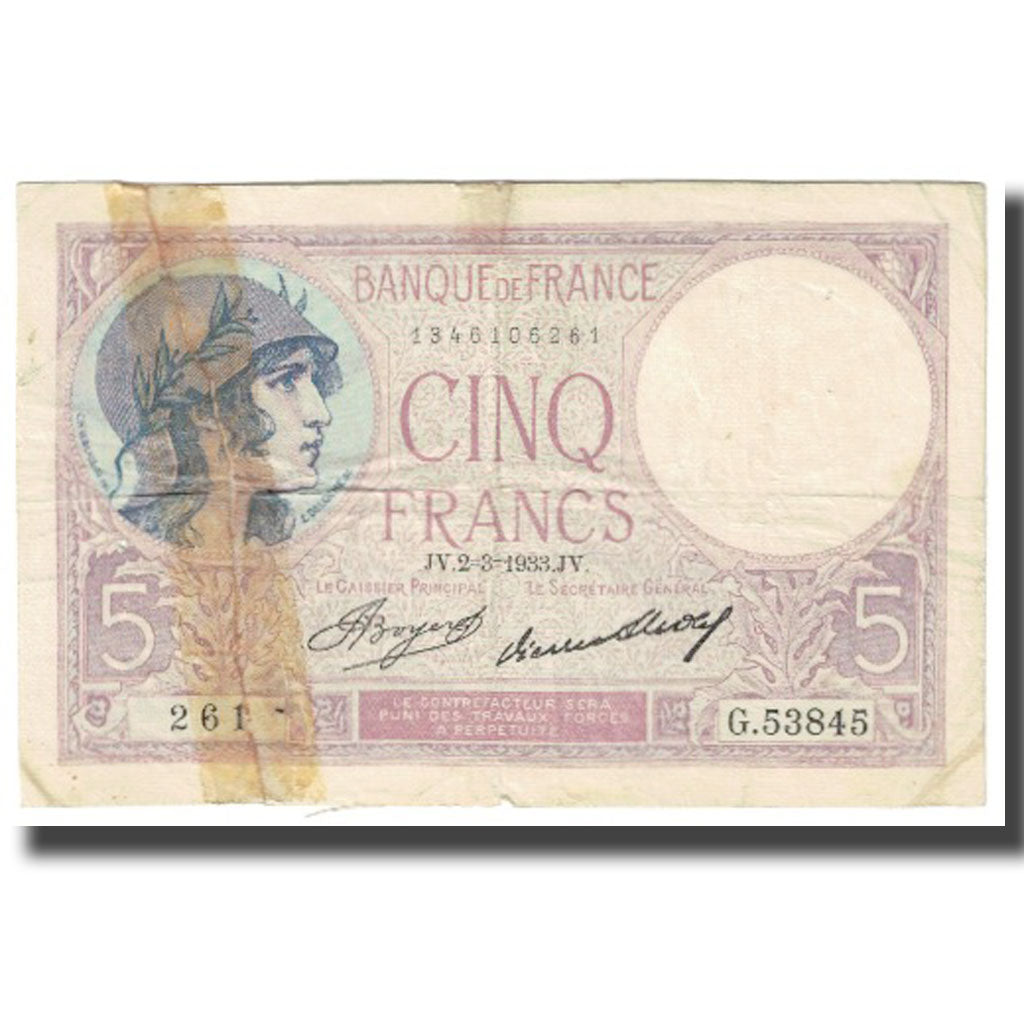 França, 5 Francs, Violet, 1933, P. Rousseau and R. Favre-Gilly, 1933-03-02