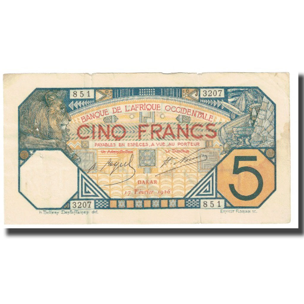 Nota, África Ocidental Francesa, 5 Francs, 1926, 1926-02-17, KM:5Bc, EF(40-45)