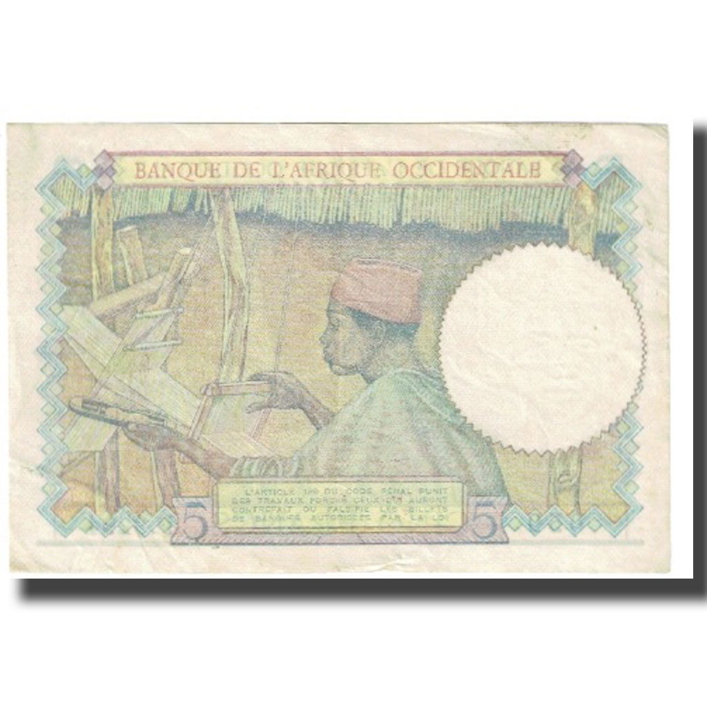 Banknot, Francuska Afryka Zachodnia, 5 Francs, 1942, 1942-05-06, KM:25