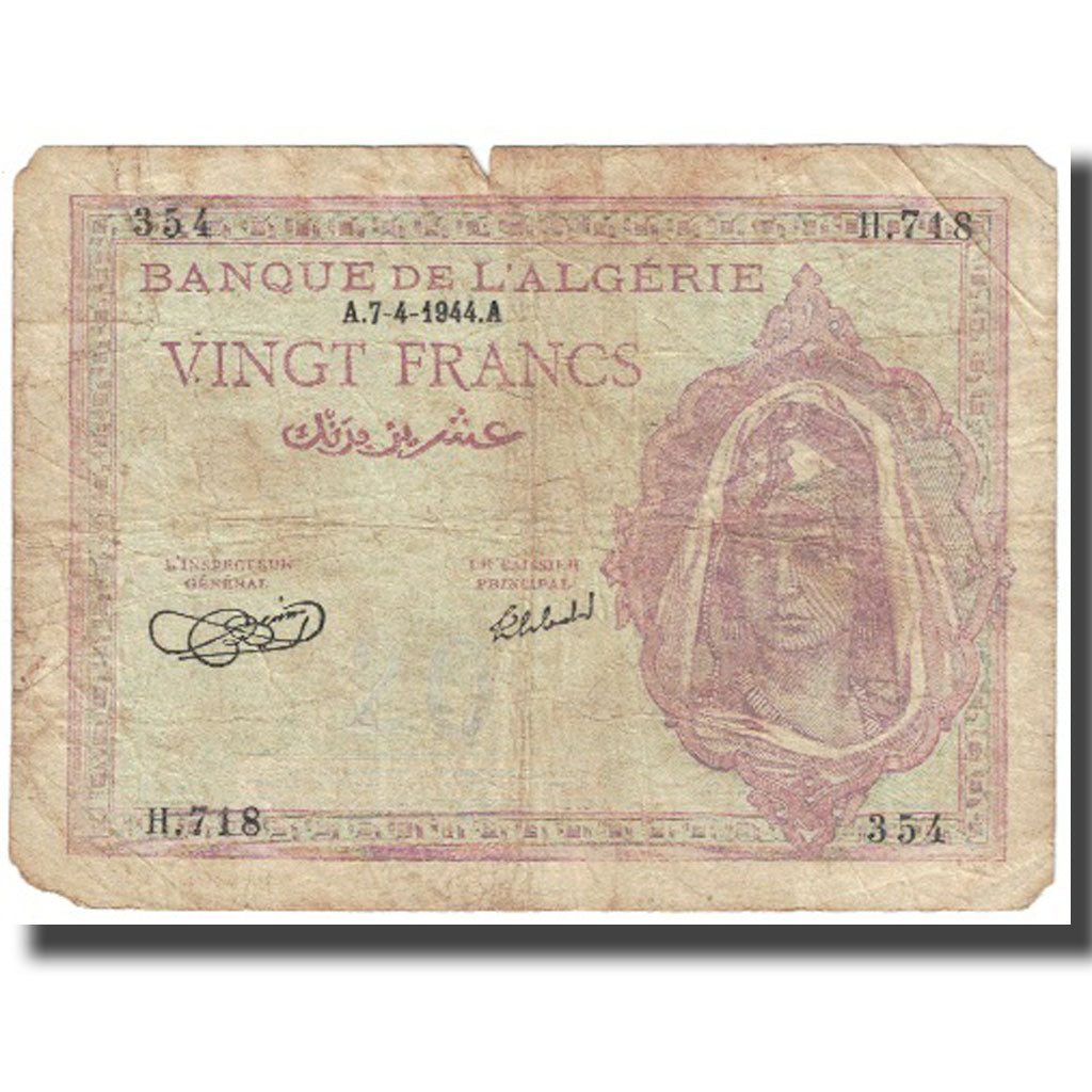 Banknote, Algeria, 20 Francs, 1944, 1944-04-07, KM:92a, VG(8-10)
