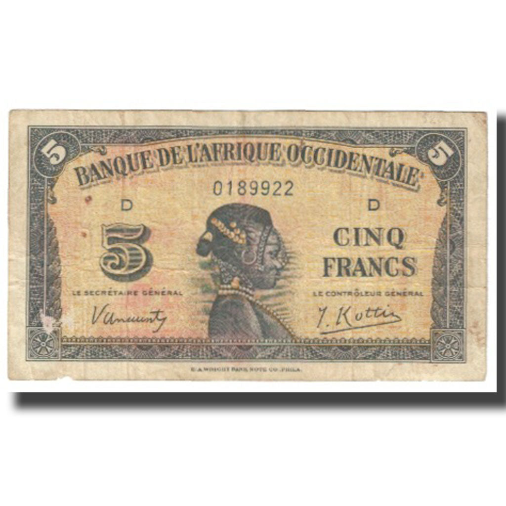 Banconote, Africa occidentale francese, 5 Francs, 1942, 1942-12-14, KM:28a, MB