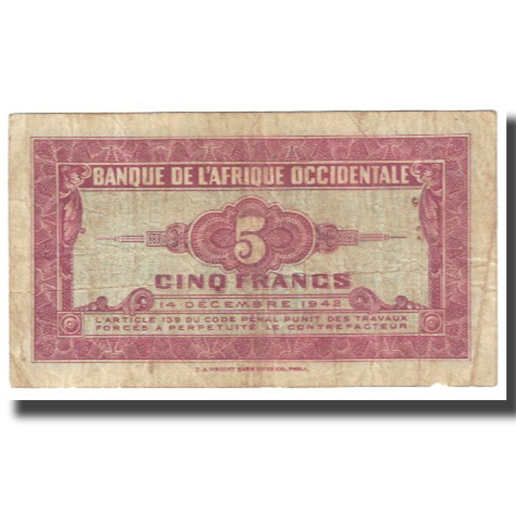 Banconote, Africa occidentale francese, 5 Francs, 1942, 1942-12-14, KM:28a, MB