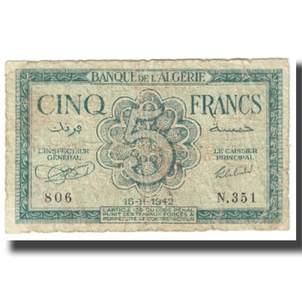 Banknote, Algeria, 5 Francs, 1944, 1944-02-08, KM:77a, VF(20-25)