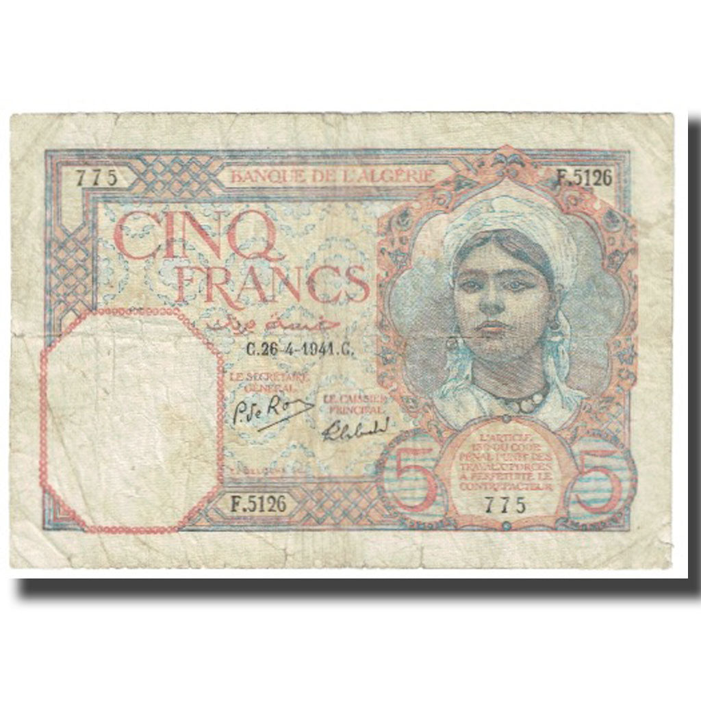 Banknote, Algeria, 5 Francs, 1941, 1941-04-26, KM:77a, VF(20-25)