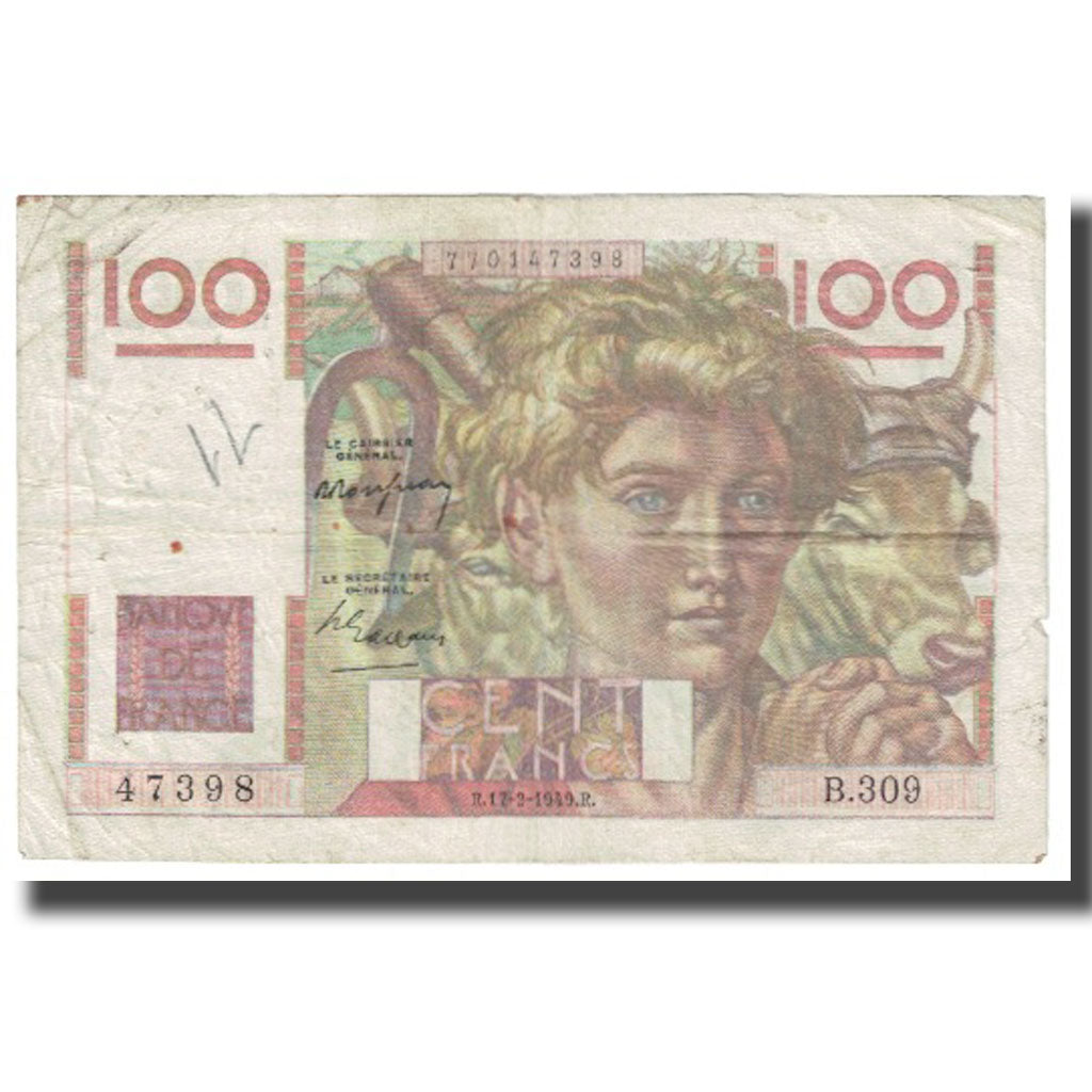 France, 100 Francs, Jeune Paysan, 1953, P. Rousseau and R. Favre-Gilly