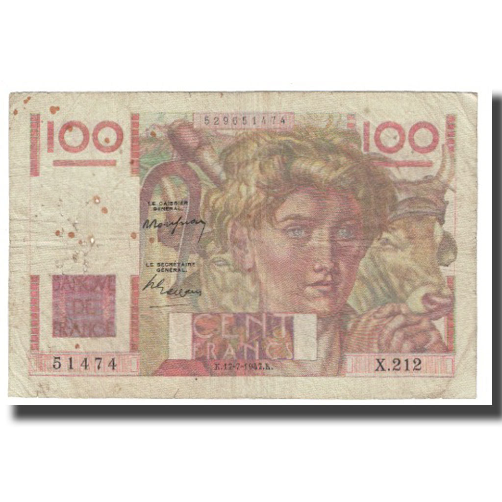 Francja, 100 Francs, Jeune Paysan, 1947, P. Rousseau and R. Favre-Gilly