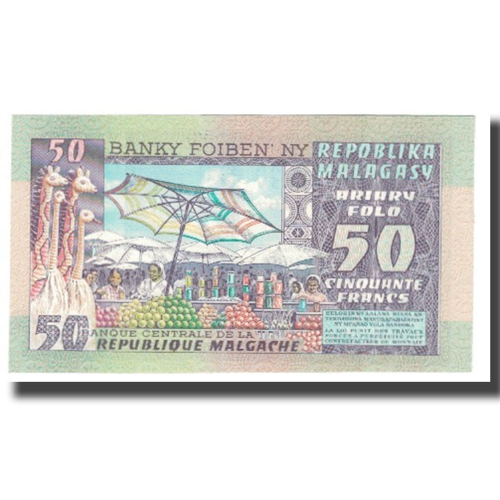 Banknote, Madagascar, 50 Francs = 10 Ariary, KM:62a, UNC(65-70)