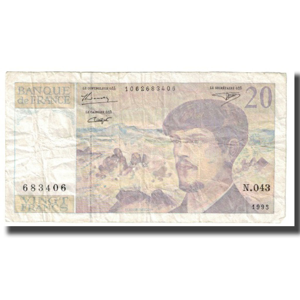 França, 20 Francs, Debussy, 1993, VF(20-25), Fayette:66bis.5, KM:151g