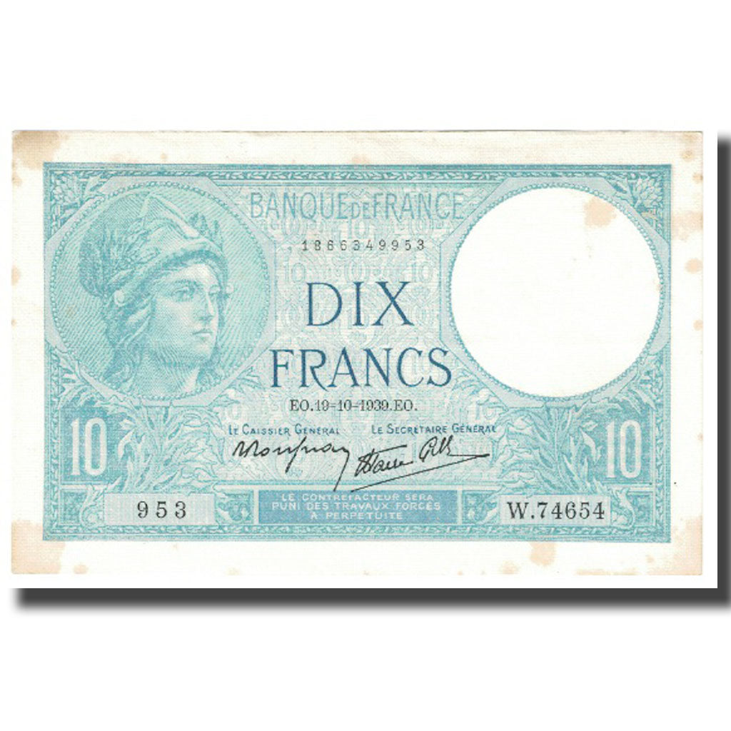 France, 10 Francs, 1939, 1939-10-19, EF(40-45), Fayette:7.12, KM:84