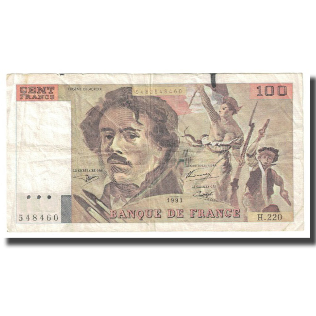 France, 100 Francs, Delacroix, 1993, 1993, TB, Fayette:69bis.7, KM:154e