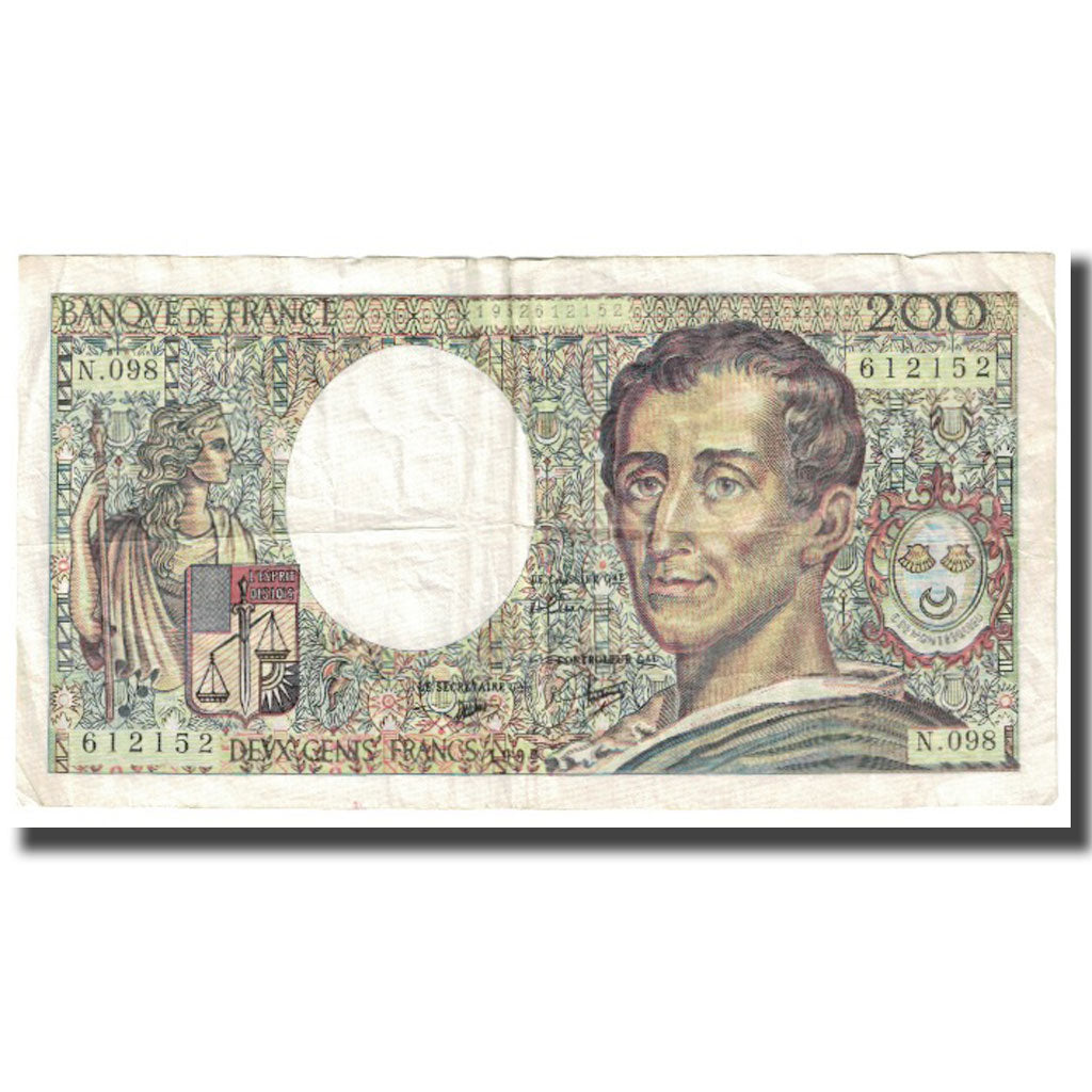Francja, 200 Francs, Montesquieu, 1990, 1990, VF(20-25), Fayette:70.10b, KM:155a