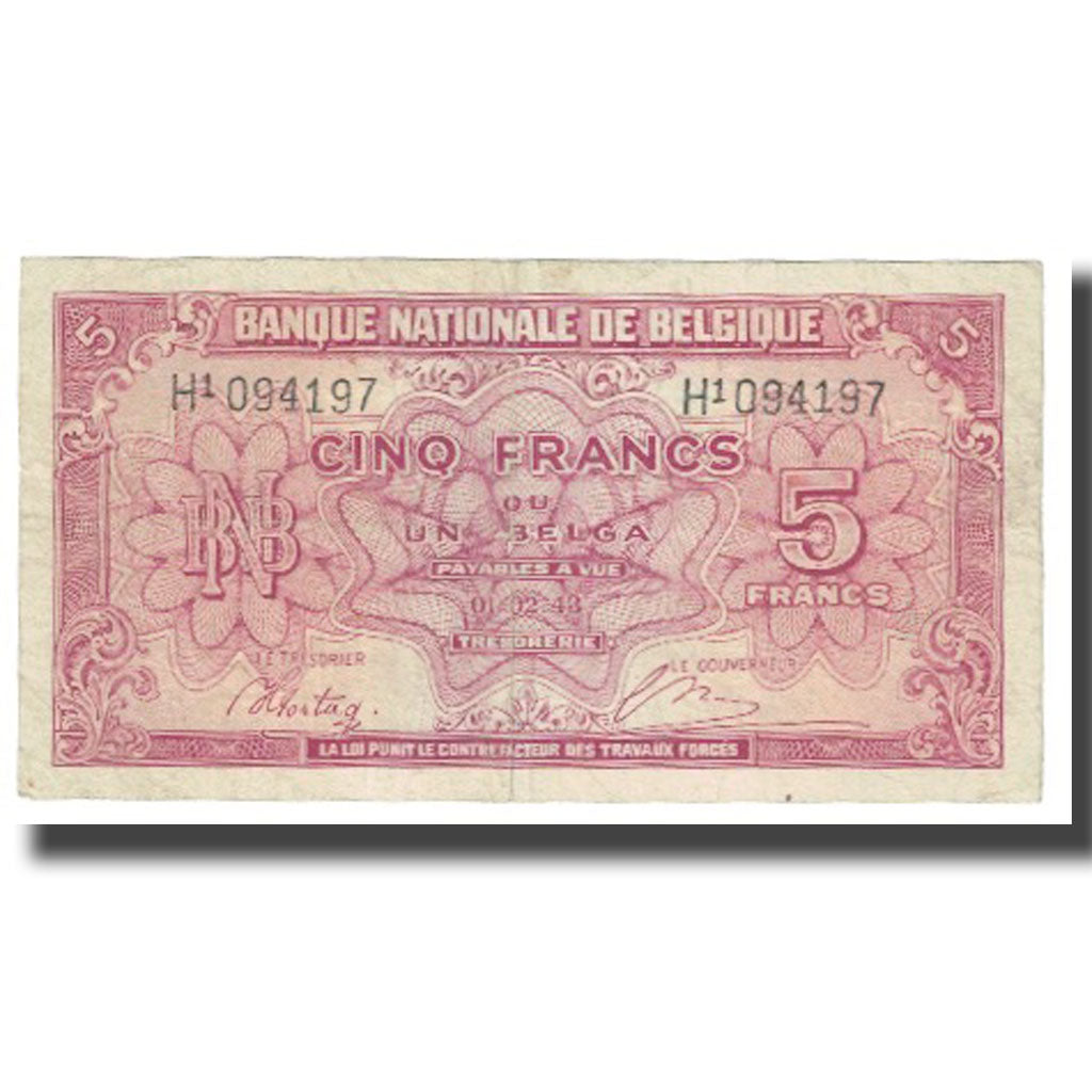 Banconote, Belgio, 5 Francs-1 Belga, 1943, 1943-02-01, KM:121, MB