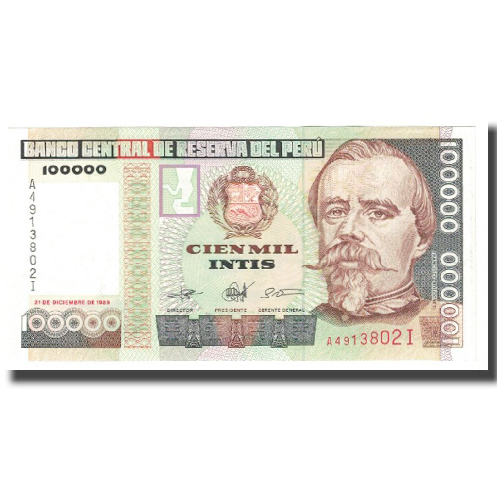 Banknote, Peru, 100,000 Intis, 1989, 1989-12-21, KM:144, UNC(65-70)