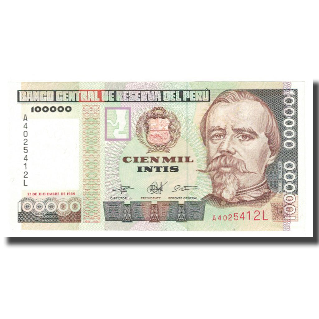 Banknote, Peru, 100,000 Intis, 1989, 1989-12-21, KM:144, UNC(65-70)