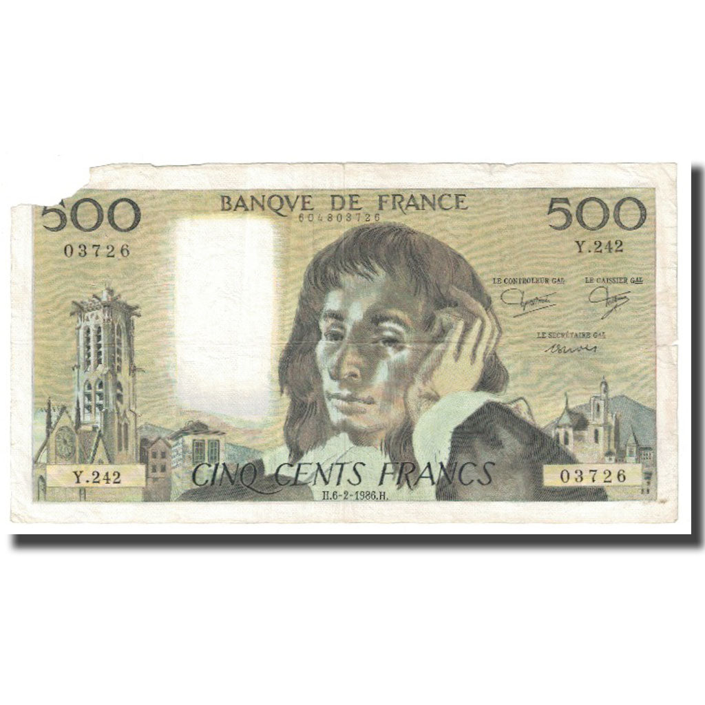 France, 500 Francs, Pascal, 1986, BRUNEEL, BONARDIN, VIGIER, 1986-02-06